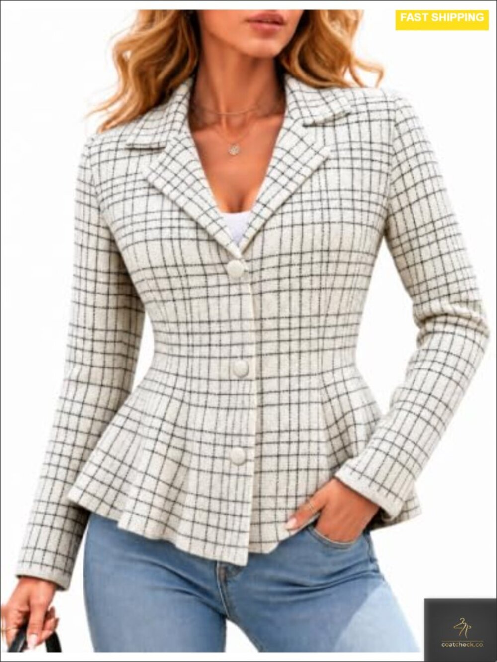 Women's Plaid Peplum Sweater Blazer Blazer Button Cardigan Jacket